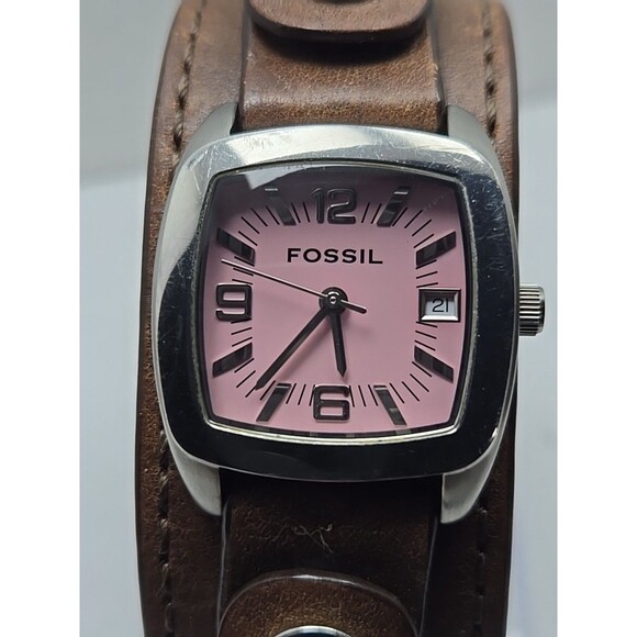 Fossil JR 8516 Pink Dial Date Womens Quartz Watch Brown Leather Cuff New Battery - Picture 4 of 11